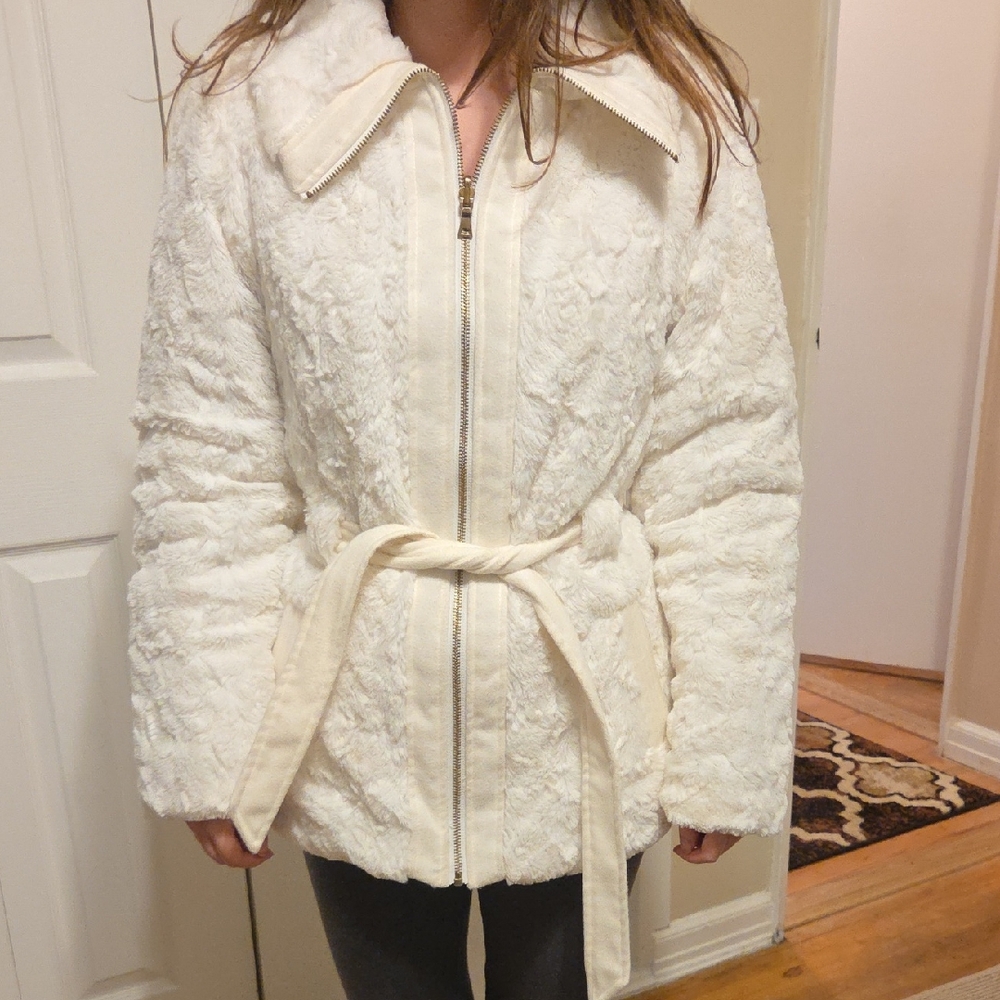 Iz Byer Cream Teddy Jacket with Belt